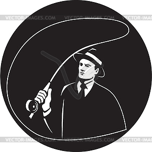 Mobster Suit Tie Casting Fly Rod Circle Retro - vector clipart