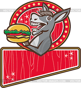 Donkey Mascot Serve Burger Rectangle Retro - vector clipart