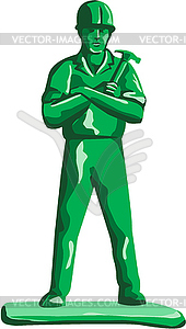 Green Builder Holding Hammer Retro - vector image