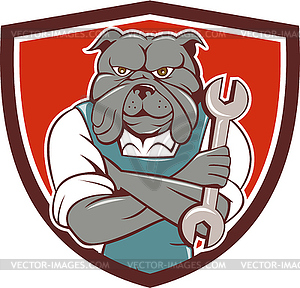 Bulldog Mechanic Arms Crossed Spanner Crest Cartoon - royalty-free vector image