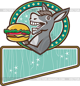 Donkey Mascot Serve Burger Rectangle Oval Retro - vector clipart