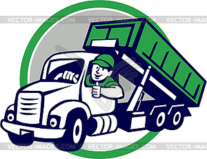 Roll Off Bin Lkw Fahrer Daumen Hoch Kreis Karikatur Stock Vektorgrafik