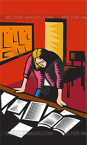 Teacher Depressed Table Classroom Woodcut - vector clipart