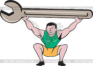 Mechanic Lifting Giant Spanner Wrench Cartoon - vector clip art