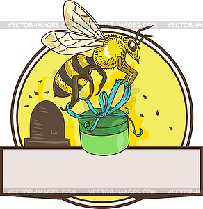 Bee Carrying Gift Box Skep Circle Drawing - vector image