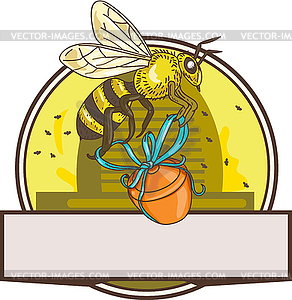 Bee Carrying Honey Pot Skep Circle Drawing - vector image