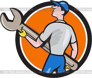 Mechanic Carrying Giant Spanner Circle Cartoon - vector clipart / vector image