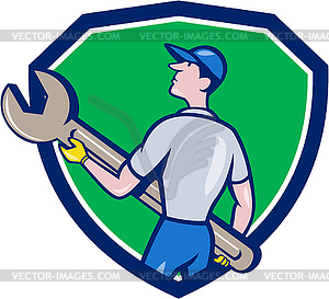 Mechanic Carrying Giant Spanner Crest Cartoon - vector image