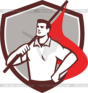 Union Worker Holding Flag Crest Retro - vector clipart