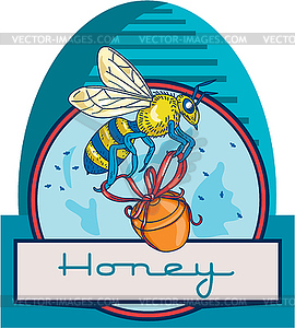 Bee Carrying Honey Pot Skep Circle Retro - vector image