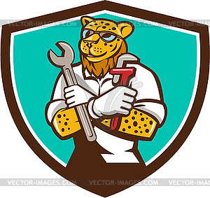 Leopard Mechanic Spanner Monkey Wrench Crest Cartoon - vector image