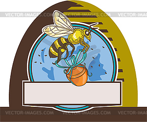 Bee Carrying Honey Pot Skep Circle Drawing - vector EPS clipart