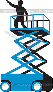 Scissor Lift Worker Pointing Retro - vector clip art