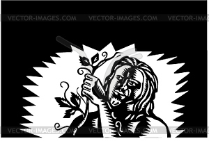 Samoan God Tagaloa Holding Vine Woodcut - vector clipart