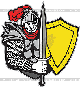 Knight Full Armor Open Visor Sword Shield Retro - vector image