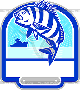 Sheepshead Fish Jumping Fishing Boat Crest Retro - vector clipart