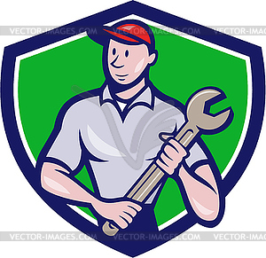 Mechanic Worker Standing Spanner Crest Cartoon - vector image