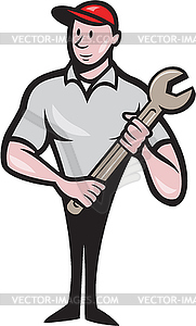 Mechanic Worker Standing Carrying Spanner Cartoon - vector image