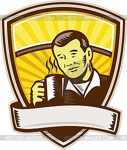 Asian Man Drinking Coffee Crest Woodcut - color vector clipart