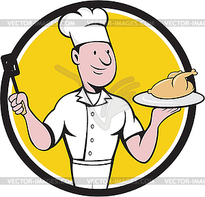 Chef Cook Roast Chicken Spatula Circle Cartoon - vector image