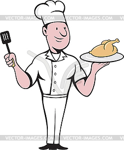Chef Cook Roast Chicken Spatula Cartoon - vector clipart