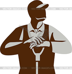 Organic Farmer Leaning Shovel Looking Up Retro - vector clip art