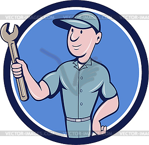 Handyman Holding Spanner Circle Cartoon - vector image