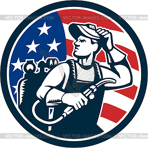 Welder Looking Side USA Flag Circle Retro - vector image