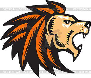 Angry Lion Big Cat Growling Head Woodcut - stock vector clipart