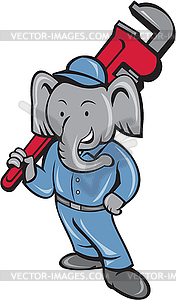 Elephant Plumber Monkey Wrench Cartoon - vector image