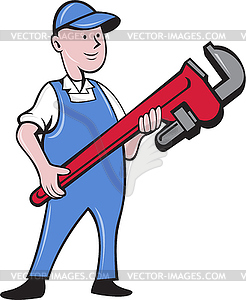 Mechanic Cradling Pipe Wrench Cartoon - royalty-free vector image