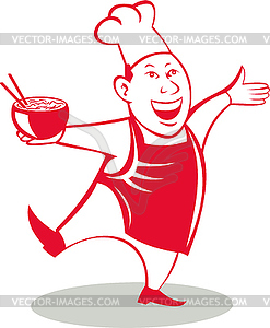 Asian Chef Serving Noodle Bowl Dancing Cartoon - vector EPS clipart