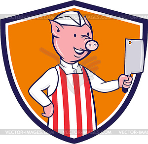 Butcher Pig Holding Meat Cleaver Crest Cartoon - vector image