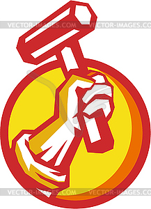 Union Worker Hand Holding Hammer Circle Retro - vector image