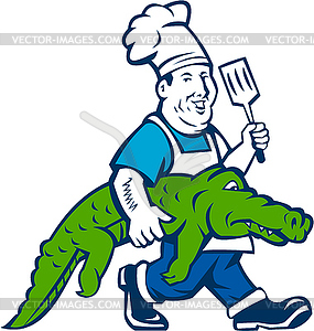 Chef Alligator Spatula Walking Cartoon - color vector clipart