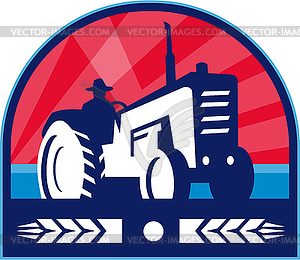 Organic Farmer Tractor Wheat Crest Retro - vector image