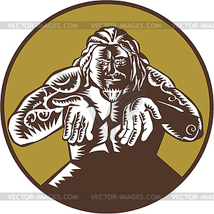 Samoan God Tagaloa Arms Out Circle Woodcut - vector image