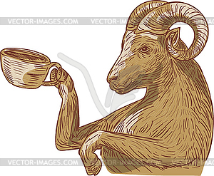 Ram Goat Drinking Coffee Drawing - vector image