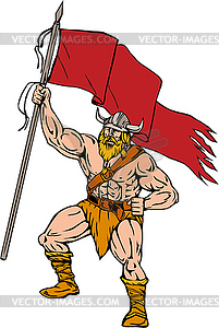 Viking Warrior Brandishing Red Flag Retro - vector image