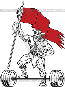 Viking Warrior Barbell Waving Flag Retro - vector image