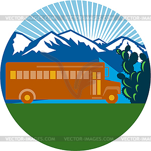 School Bus Vintage Cactus Mountains Circle Retro - vector clipart