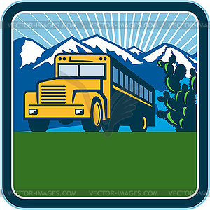 School Bus Cactus Mountains Square Retro - vector image