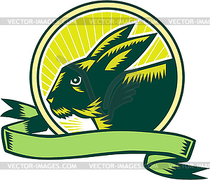 Bunny Head Circle Ribbon Woodcut - vector image