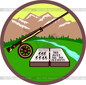 Fly Box Rod Mountains Circle Retro - vector clipart