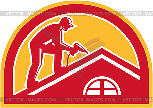 Roofer Working on Roof Half Circle Retro - vector EPS clipart