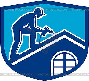 Roofer Construction Worker Working Shield Retro - vector clipart