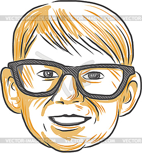 Caucasian Boy Glasses Head Smiling Drawing - vector image