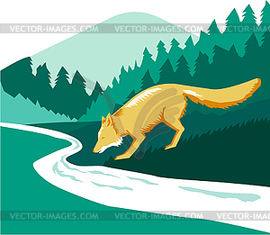 Fox Drinking River Creek Woods Square Retro - vector clipart