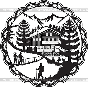 Swiss Chalet Alpine Hiker Decoupage - vector clipart / vector image