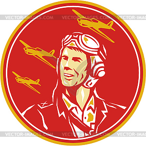 World War 2 Pilot Airman Fighter Plane Circle Retro - vector image